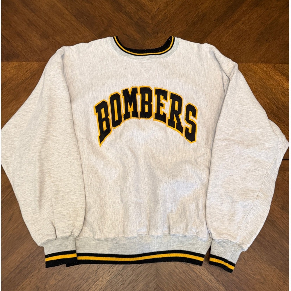 Vintage DeLONG Bombers Sweatshirt XL Made in USA Grey Spellout Crewneck Pullover